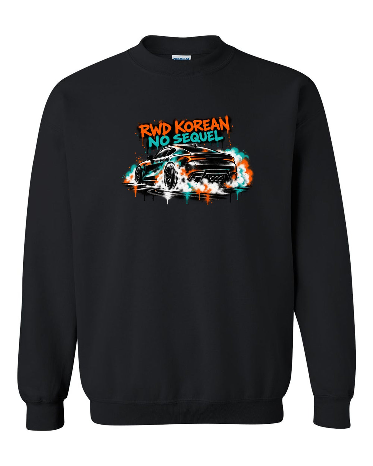 Hyundai Genesis Coupe BK2 stencil spray burnout print with RWD Korean no sequel text black crewneck front view with the design