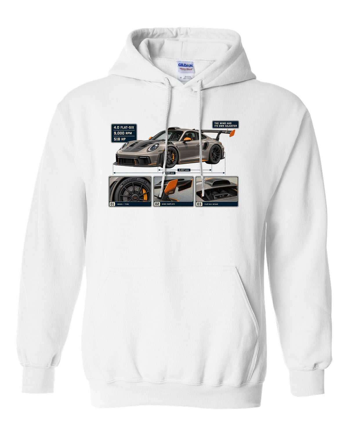 print dossier panels of a Porsche 911 GT3 RS 992 in warm grey with orange accents white pull over hoodie front view with the design