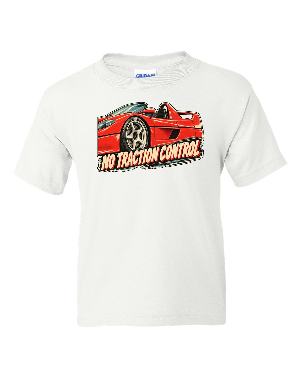 Retro Japanese showa advert style print of a 1995 Ferrari F50 F130 with no traction control text white kids tee front view with the design