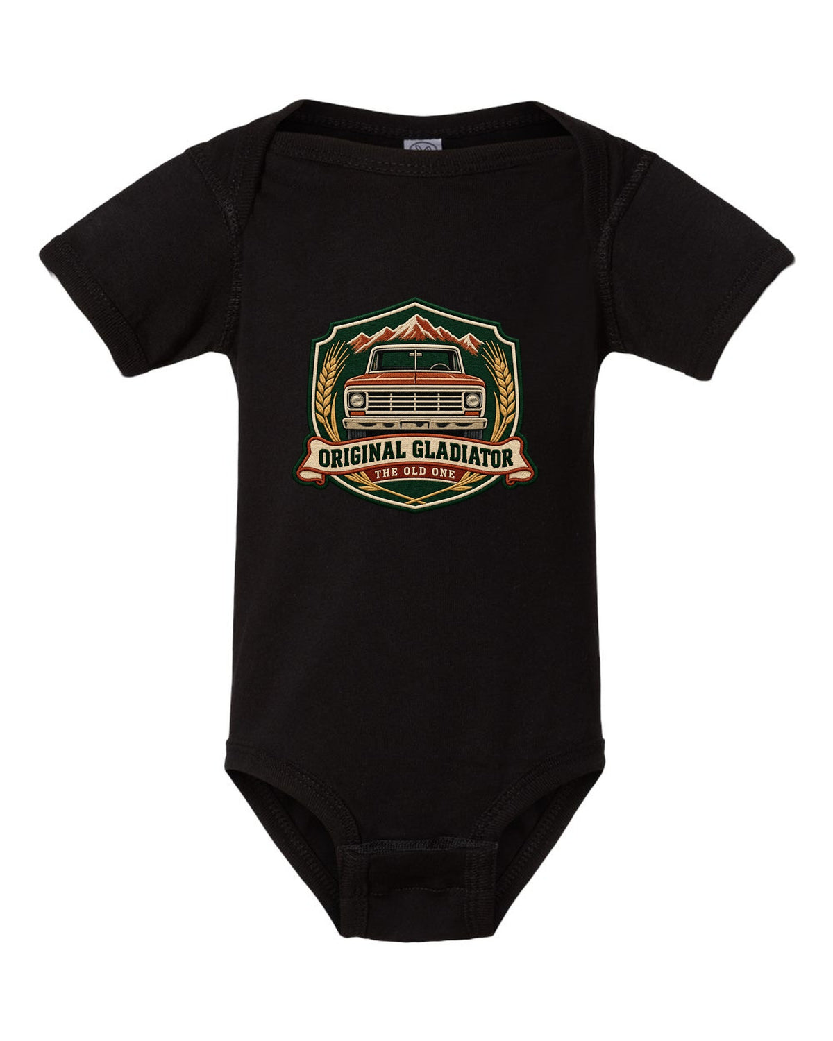 Embroidery-style shield crest print with Jeep Gladiator J-series pickup and the words The Old One black baby onesie front view with the design