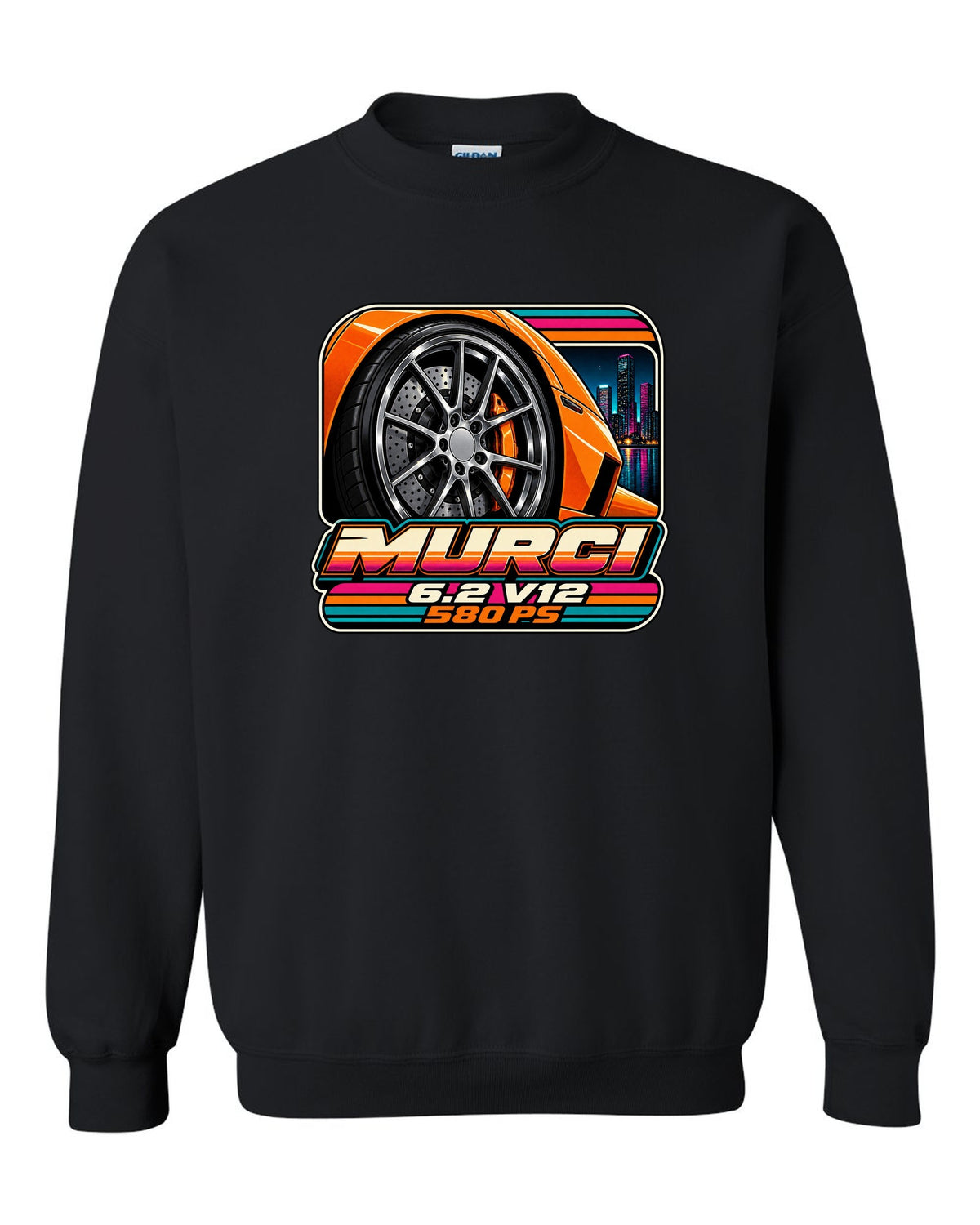Cassette tape packaging style print of a 2001 Lamborghini Murcielago wheel with 6.2 V12 and 580 PS black crewneck front view with the design