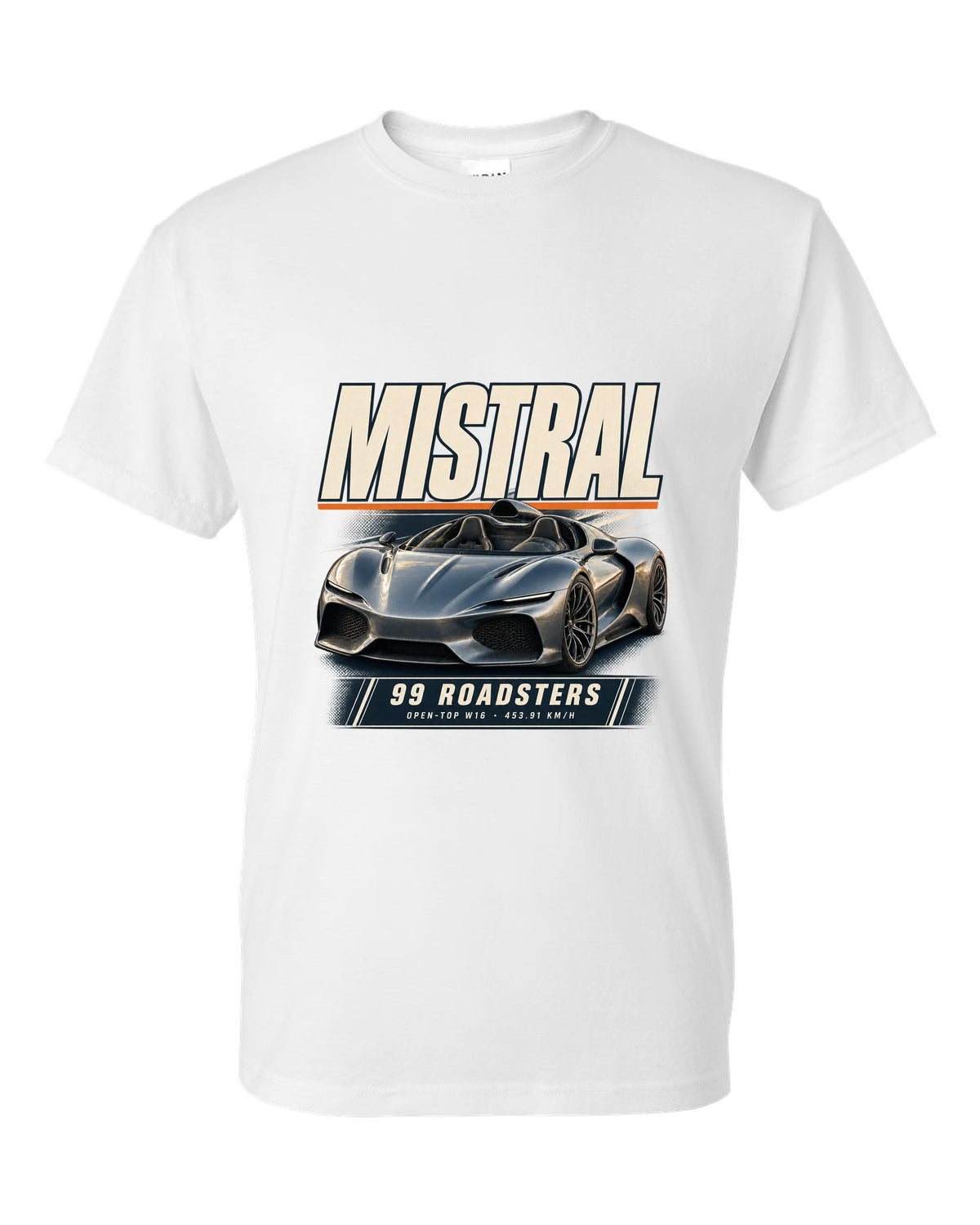 Editorial headline poster of the Bugatti Mistral open-top roadster, print white t-shirt front view with the design