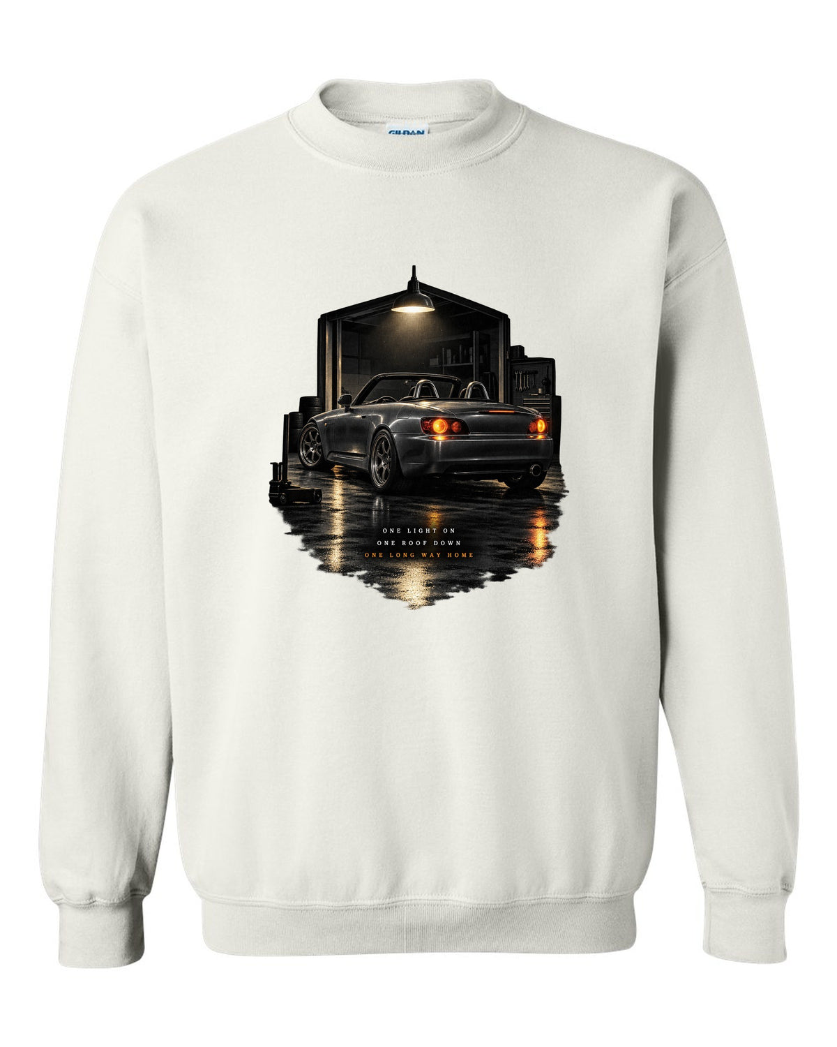Honda S2000 AP1 roadster garage night design with roof down long way home text white crewneck front view with the design