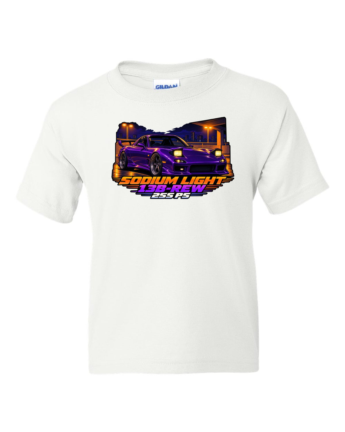 Cel-shaded 90s anime night print of a Mazda RX-7 FD3S with text Sodium Light, 13B-REW, 255 PS white kids tee front view with the design