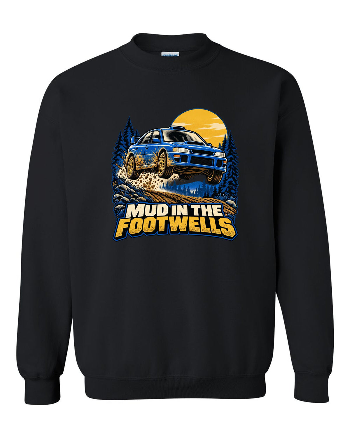 Comic halftone pop-art of a Subaru WRX STI GRB chback doing a burnout black crewneck front view with the design