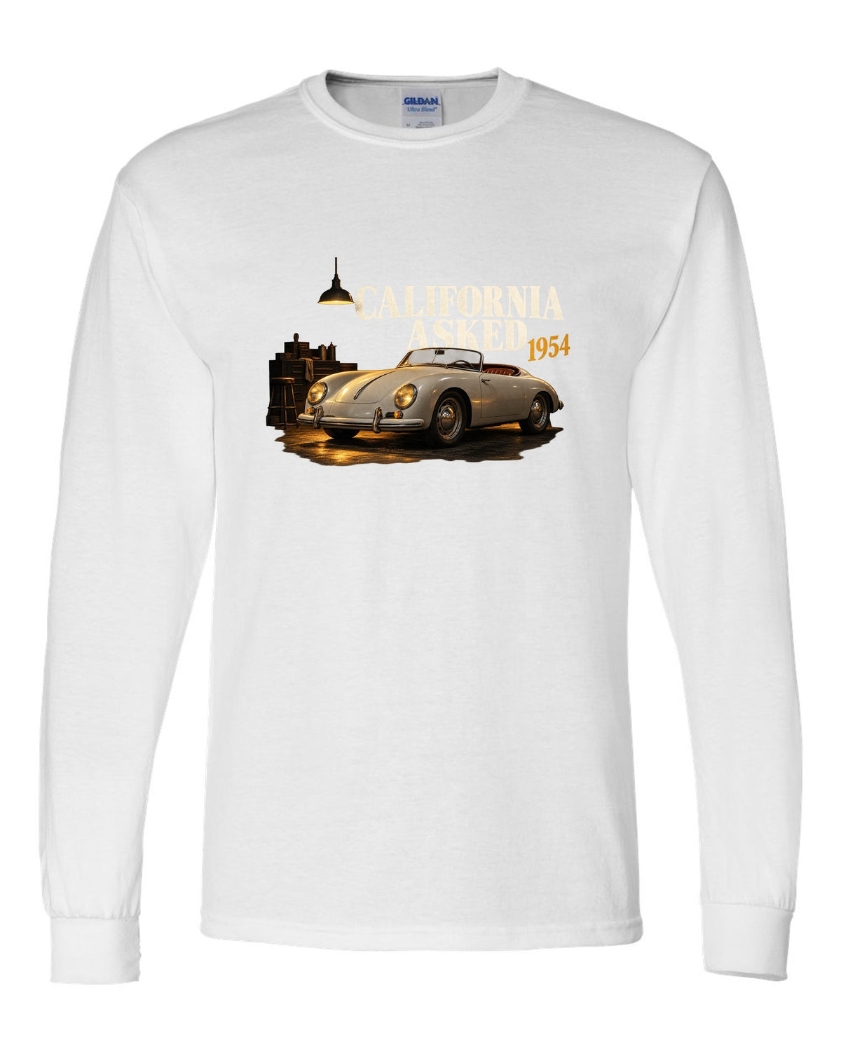 Garage night print of a 1954 Porsche 356 A Speedster with the caption California Asked white long sleeve front view with the design