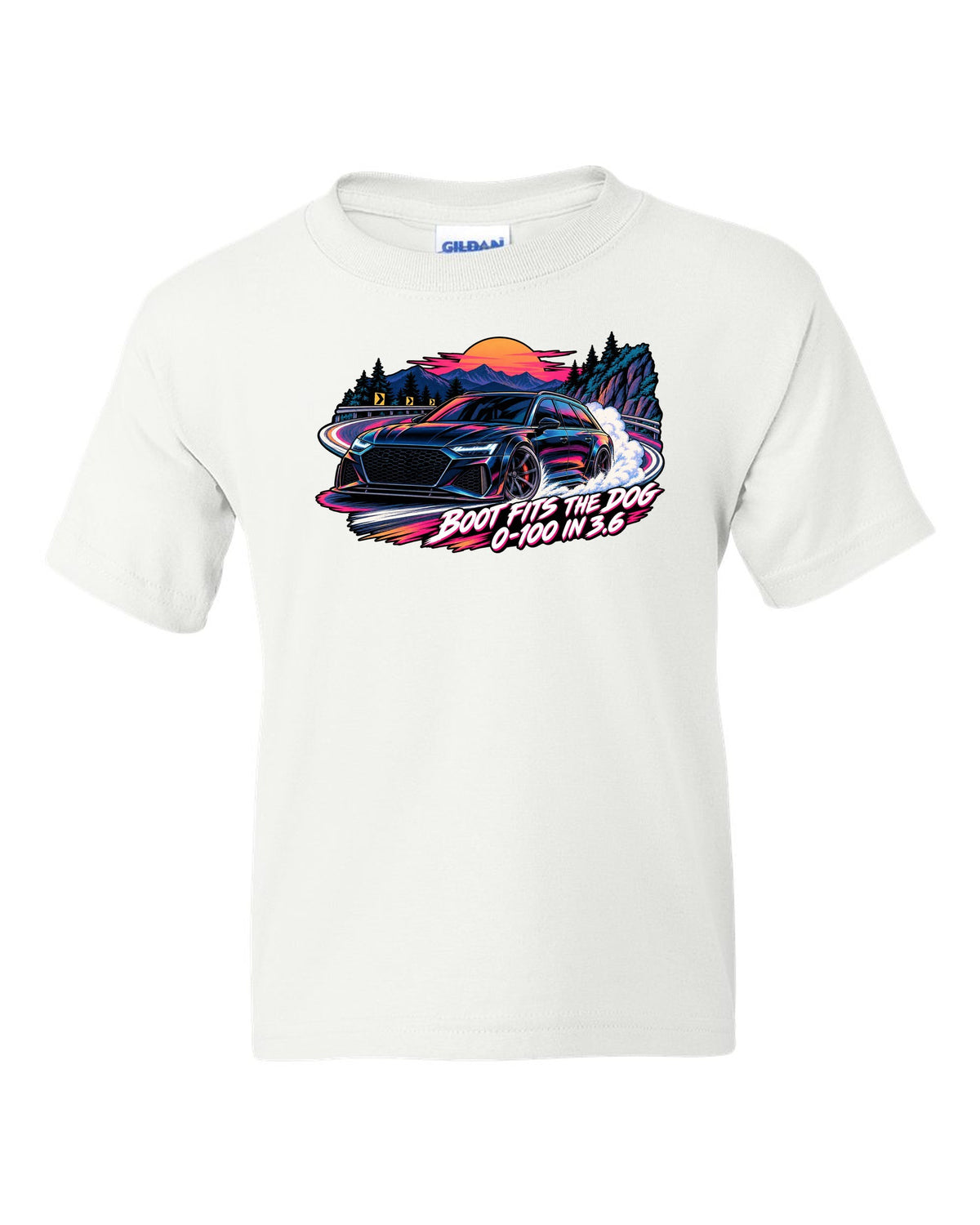 Cel-shaded anime night touge design of the Audi RS6 Avant C8 with boot fits the dog lettering white kids tee front view with the design