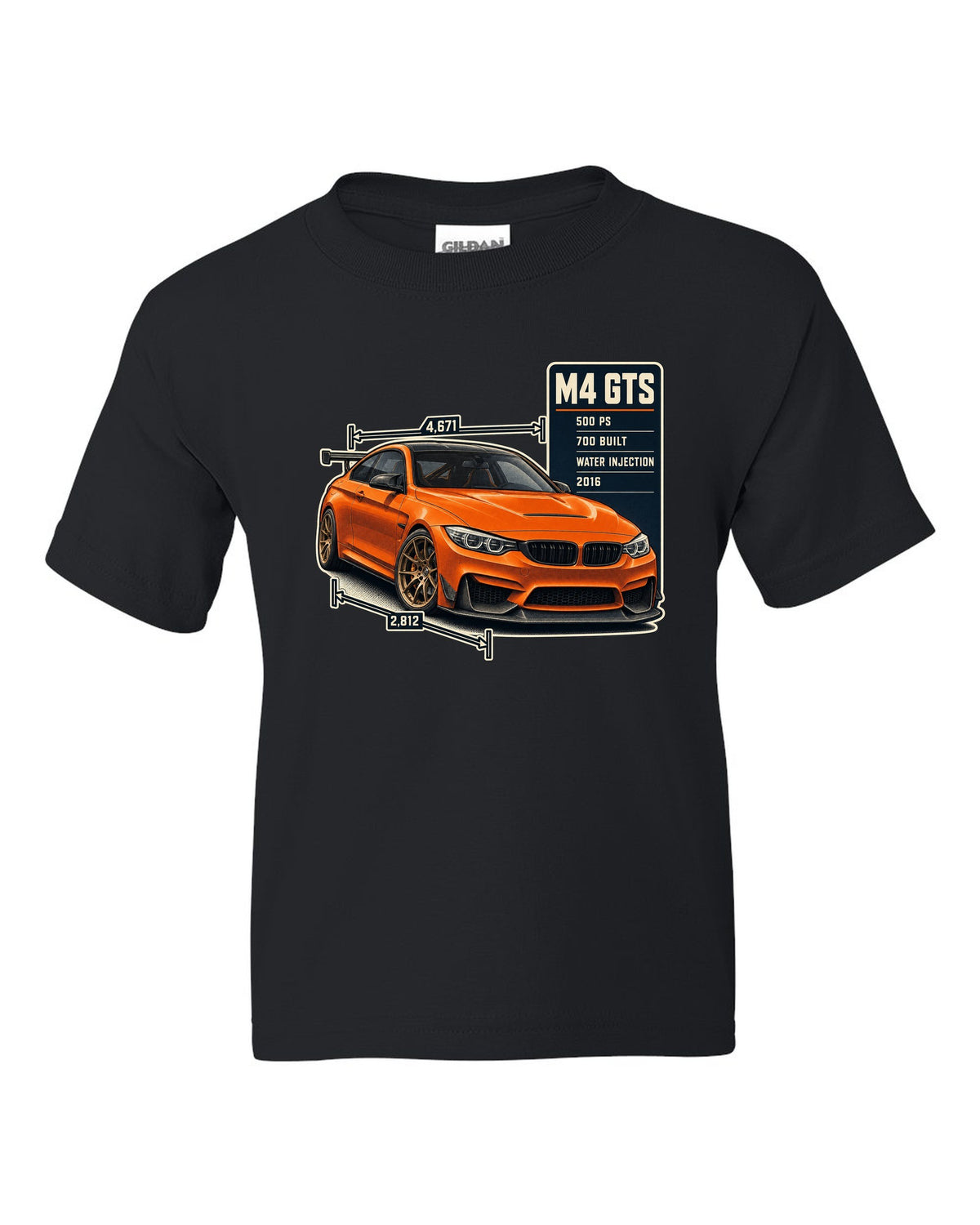 BMW M4 GTS F82 spec poster print design black kids tee front view with the design