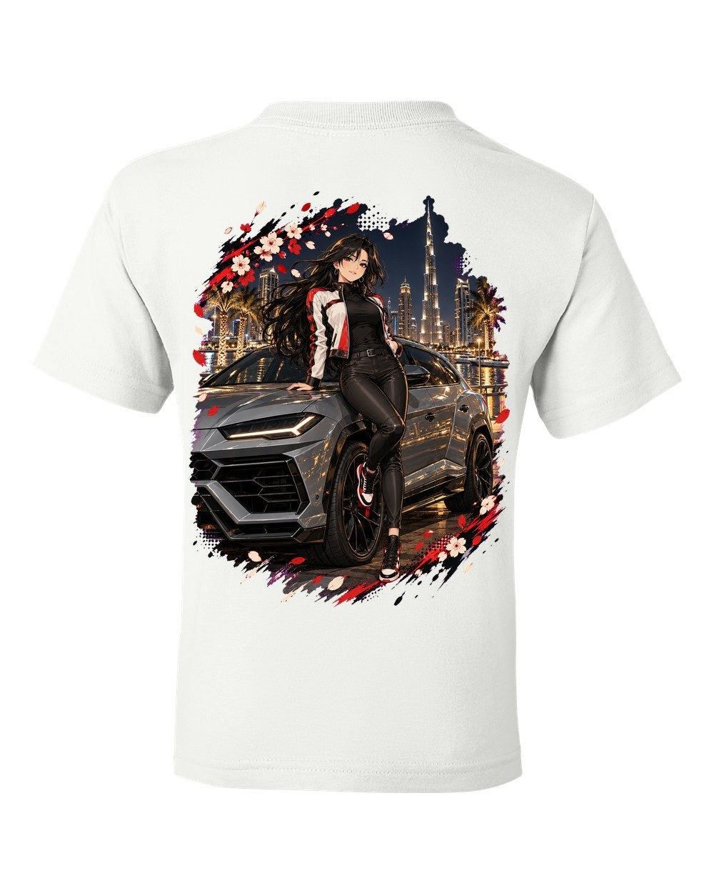 Lamborghini Urus Anime Girl Kids Tee White back