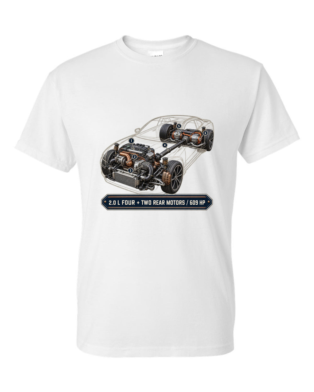 Polestar 1 hybrid drivetrain illustration, engine hero print white t-shirt front view with the design