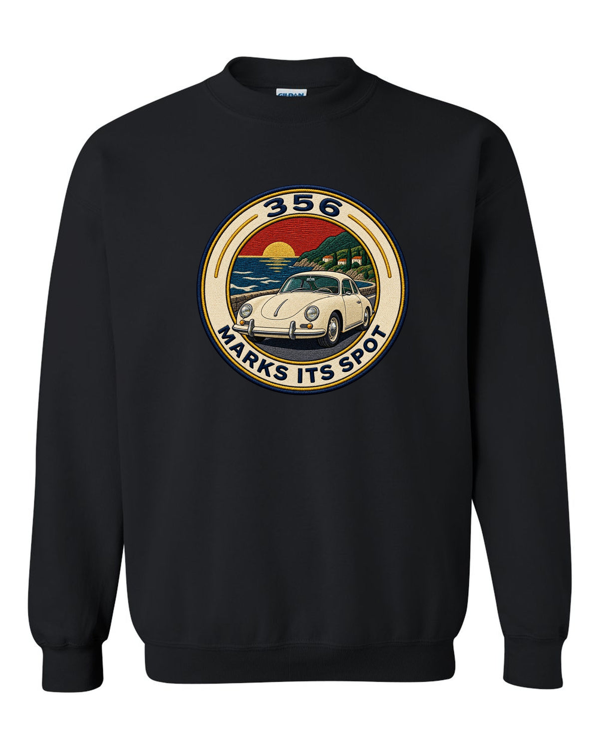 Round varsity crest style illustration of a Porsche 356 A black crewneck front view with the design