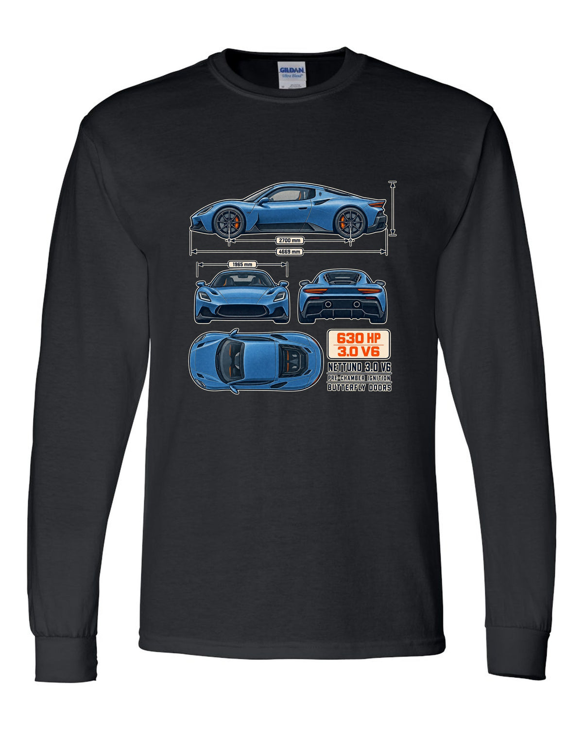 Maserati MC20 dimension blueprint print on a shirt black long sleeve front view with the design