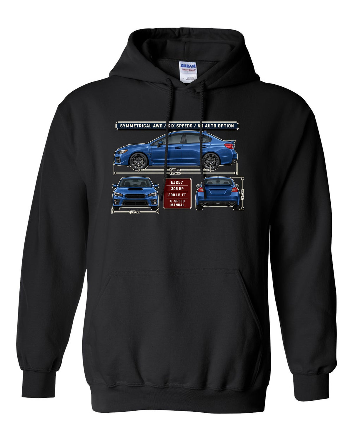 Subaru WRX STI VA graphite sedan three-view drawing with red accent black pull over hoodie front view with the design