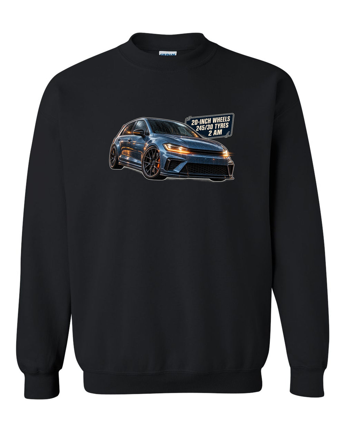 print of a Boost Blue Honda Civic Type R FK8 on a night touge road black crewneck front view with the design