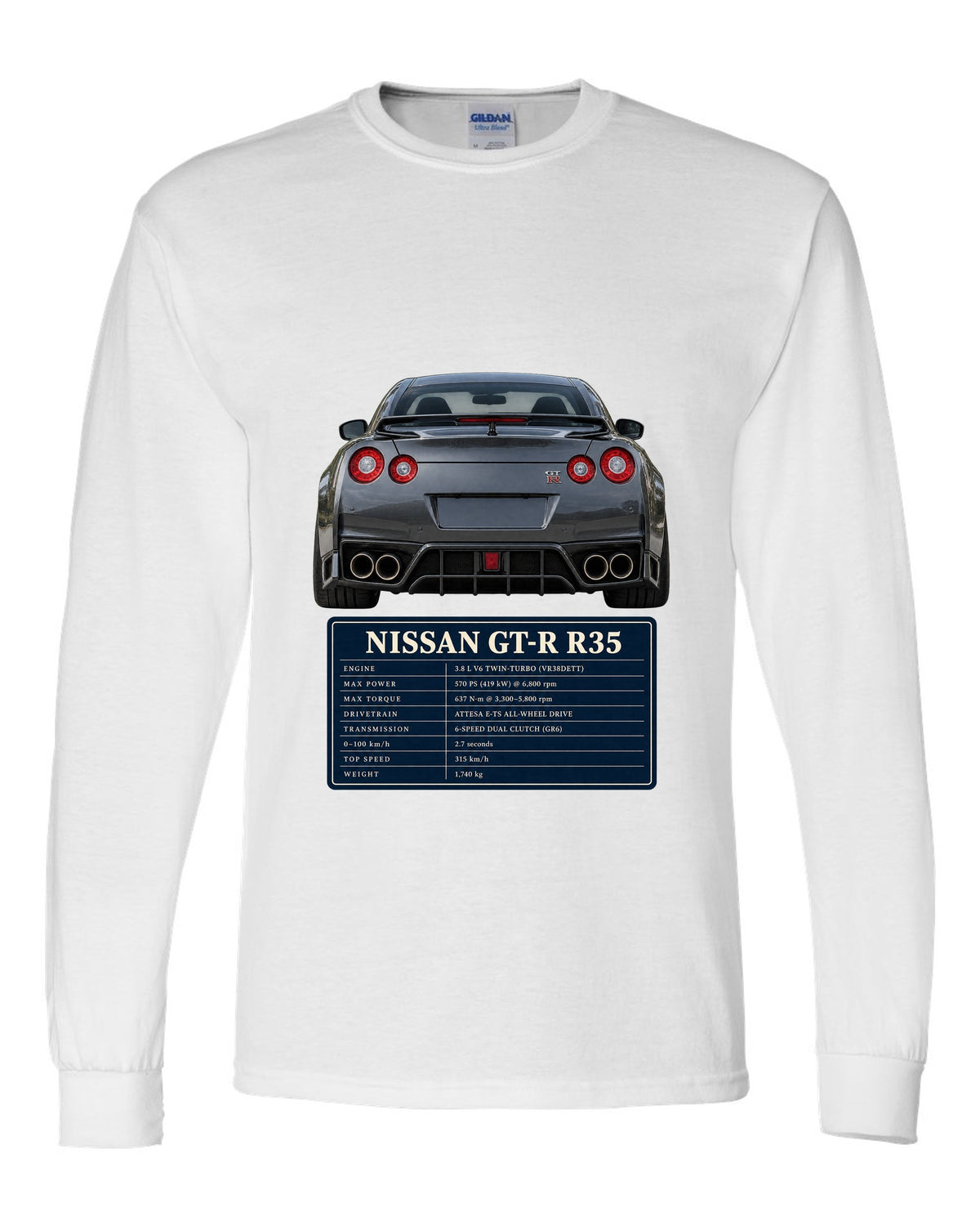Close crop of Nissan GT-R R35 2014 Premium round taillights white long sleeve front view with the design