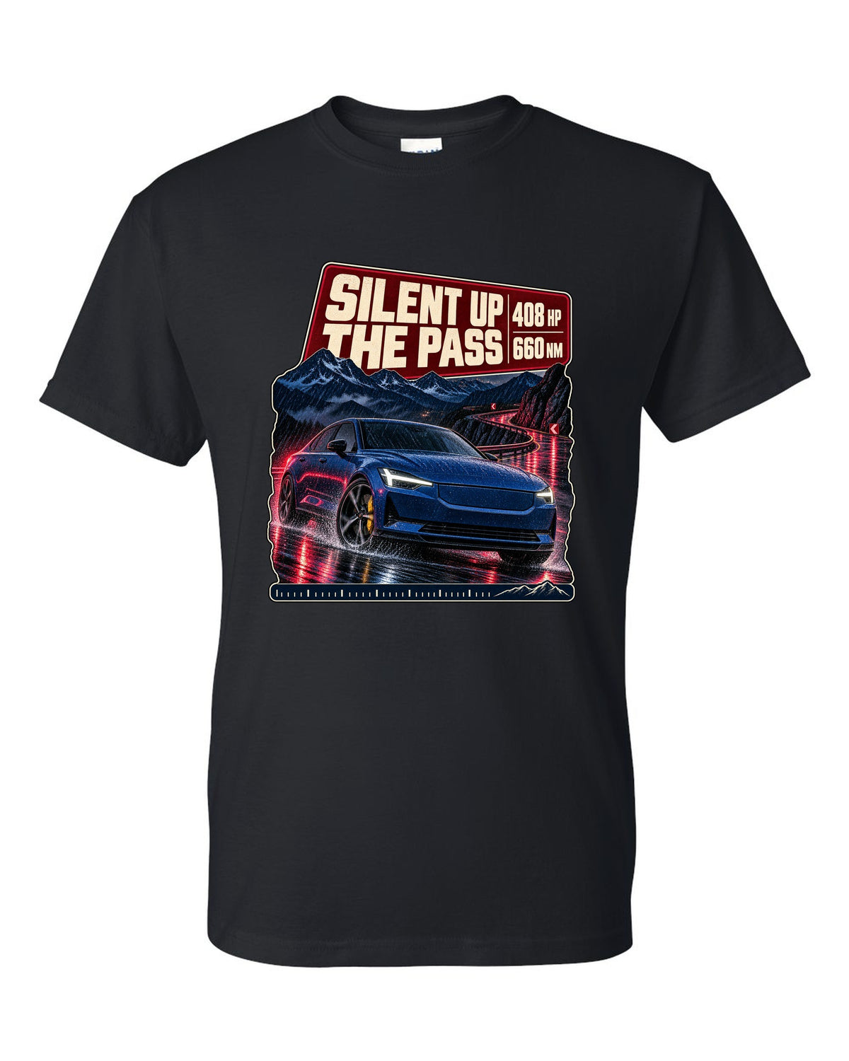 Polestar 2 Launch Edition driving a mountain pass at night, print design black t-shirt front view with the design