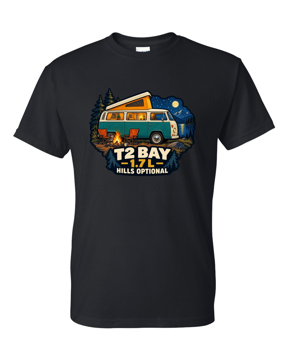 1972 VW Bus T2 Bay Window at a night camp painted in gouache black t-shirt front view with the design
