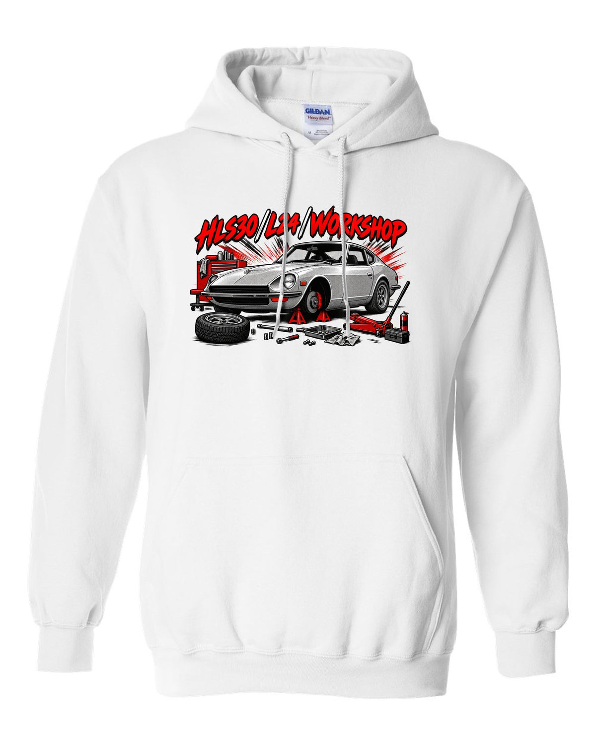 Retro manga halftone panel print of the Datsun 240Z HLS30 with L24 workshop lettering white pull over hoodie front view with the design