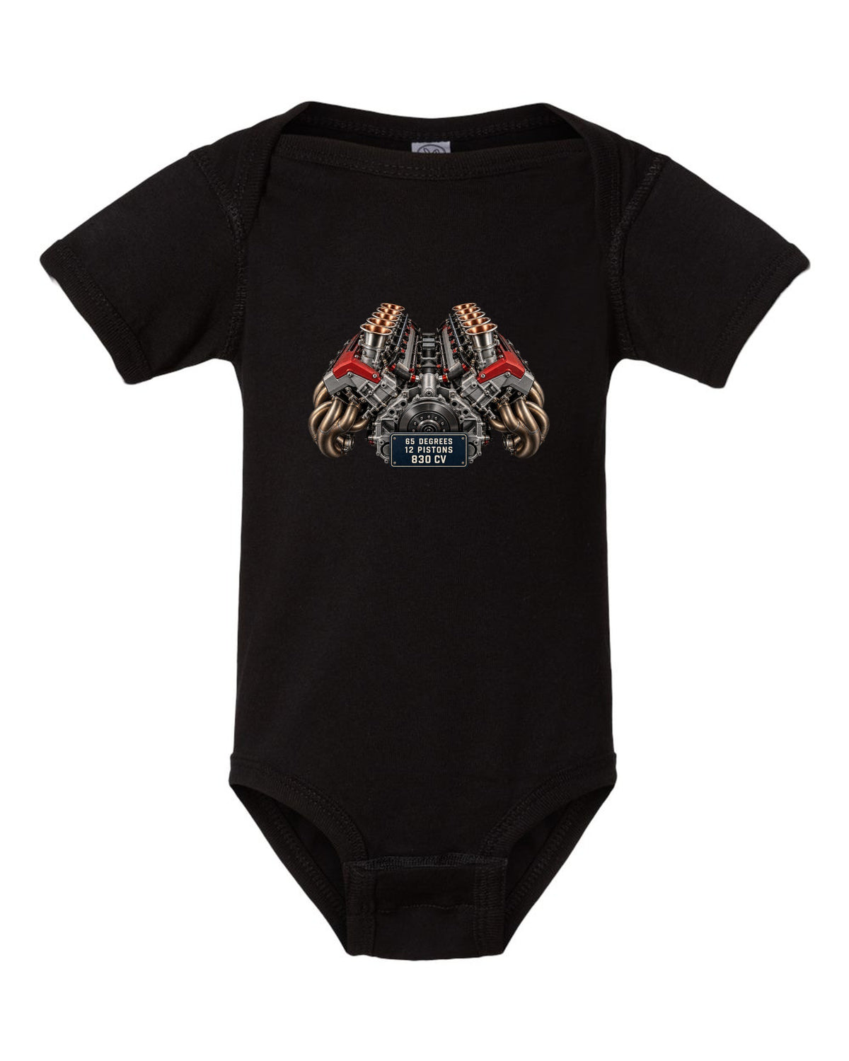 Engine bay print of the Ferrari 12Cilindri F140HD V12 black baby onesie front view with the design