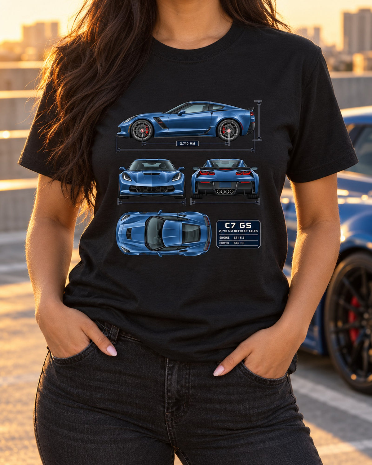 Corvette C7 Grand Sport Dimension Blueprint Tee, 2,710 mm Wheelbase T-Shirt Black worn hero