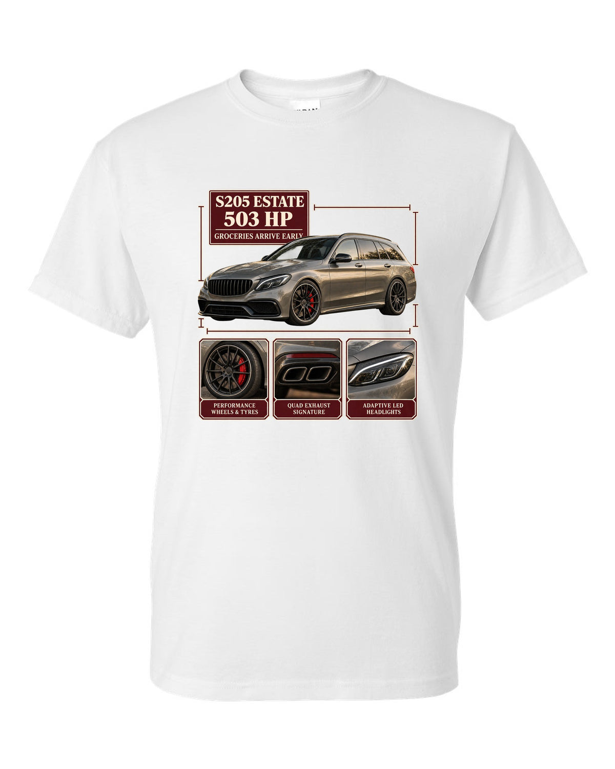 Mercedes-AMG C63 S Estate S205 dossier panel design in warm grey white t-shirt front view with the design
