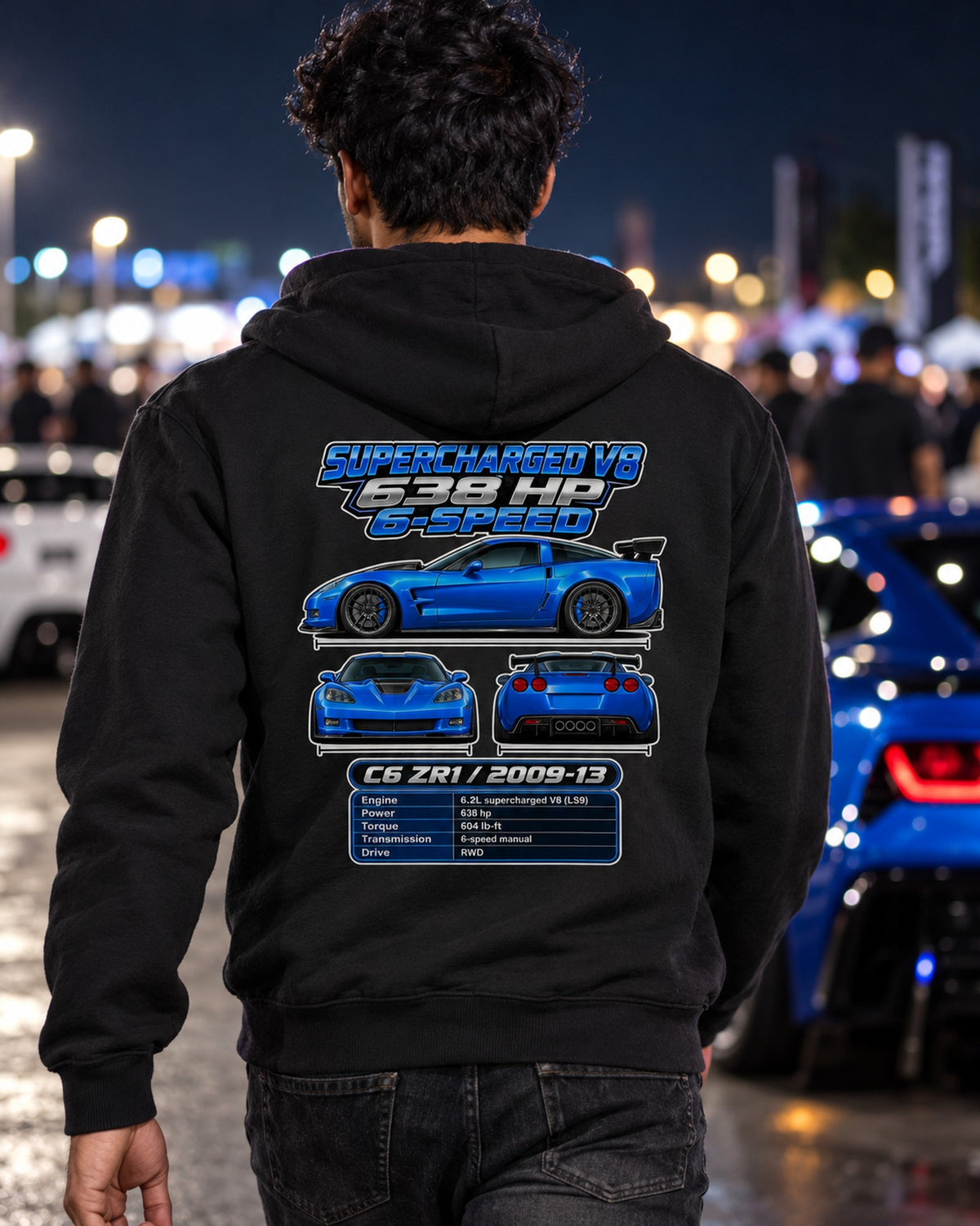 Chevrolet Corvette C6 ZR1 Spec Sheet Full-Back Graphic Tee Zip Hoodie Black worn hero