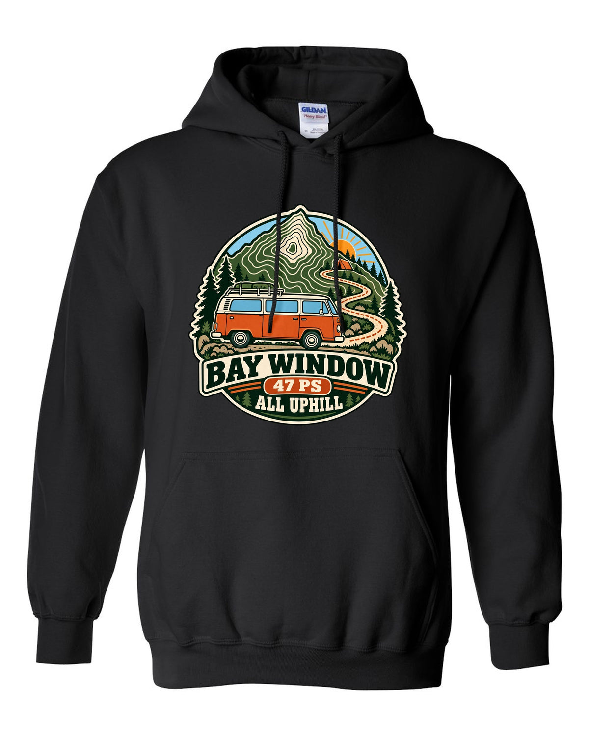 Topographic route map style print of a VW Bus T2 Bay Window with 47 PS all uphill text black pull over hoodie front view with the design