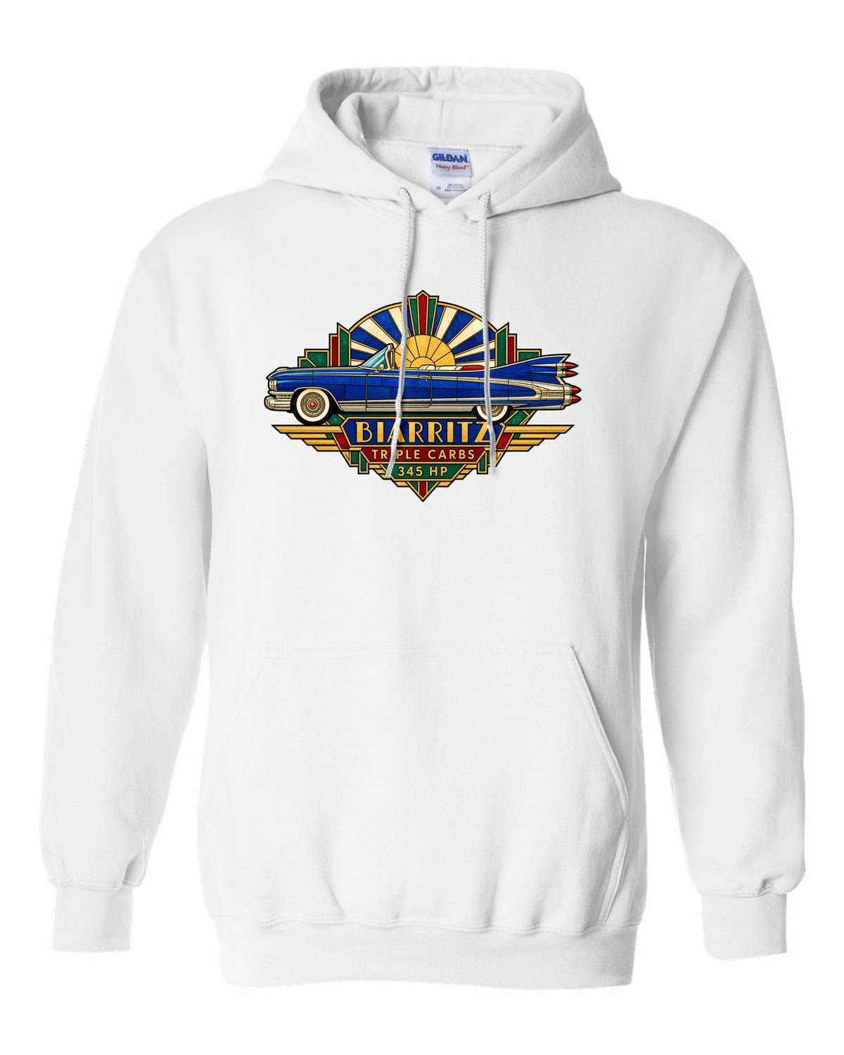 1959 Cadillac Eldorado Biarritz in Art Deco stained-glass geometric style white pull over hoodie front view with the design