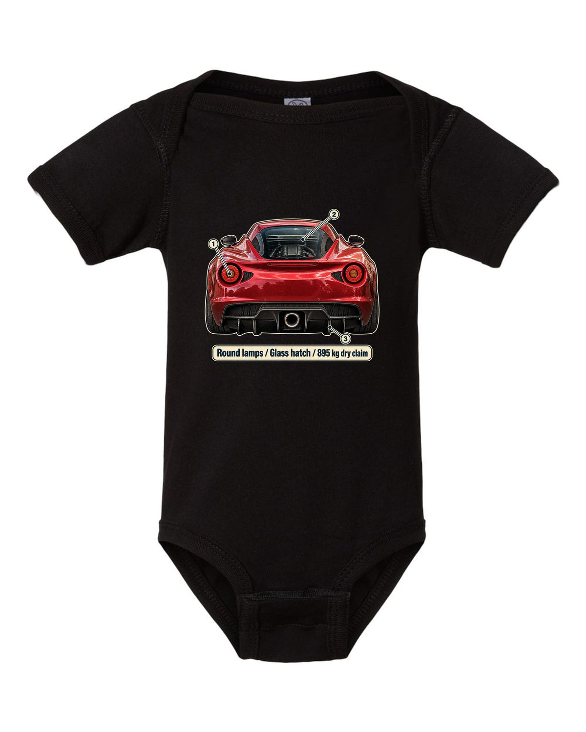 Taillight macro print of the Alfa Romeo 4C showing round lamps and glass ch black baby onesie front view with the design