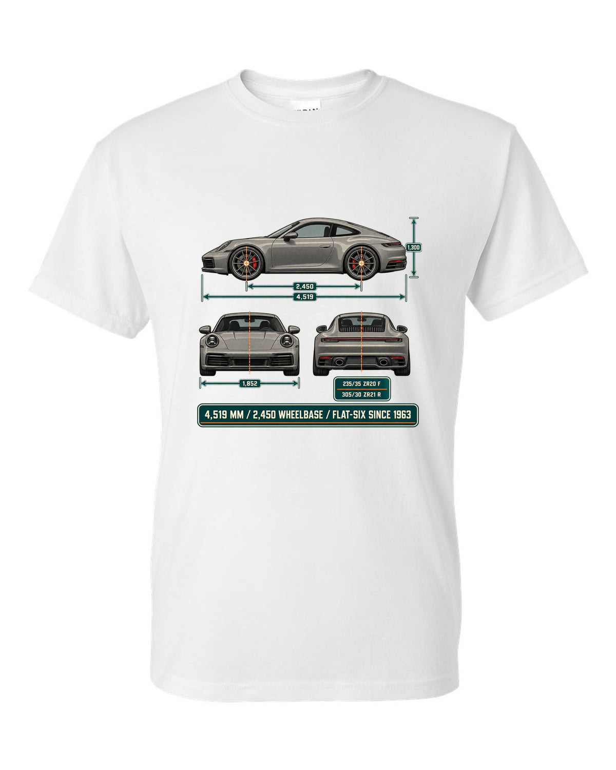 Dimension blueprint print of a Porsche 992 Carrera S with measurements white t-shirt front view with the design