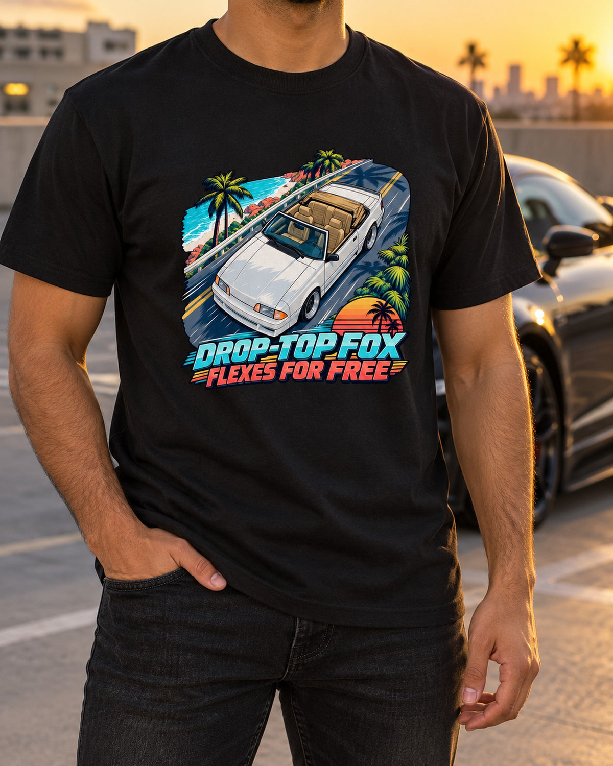 Ford Mustang Fox Body Convertible Anime Shirt, Drop-Top Fox T-Shirt Black worn hero