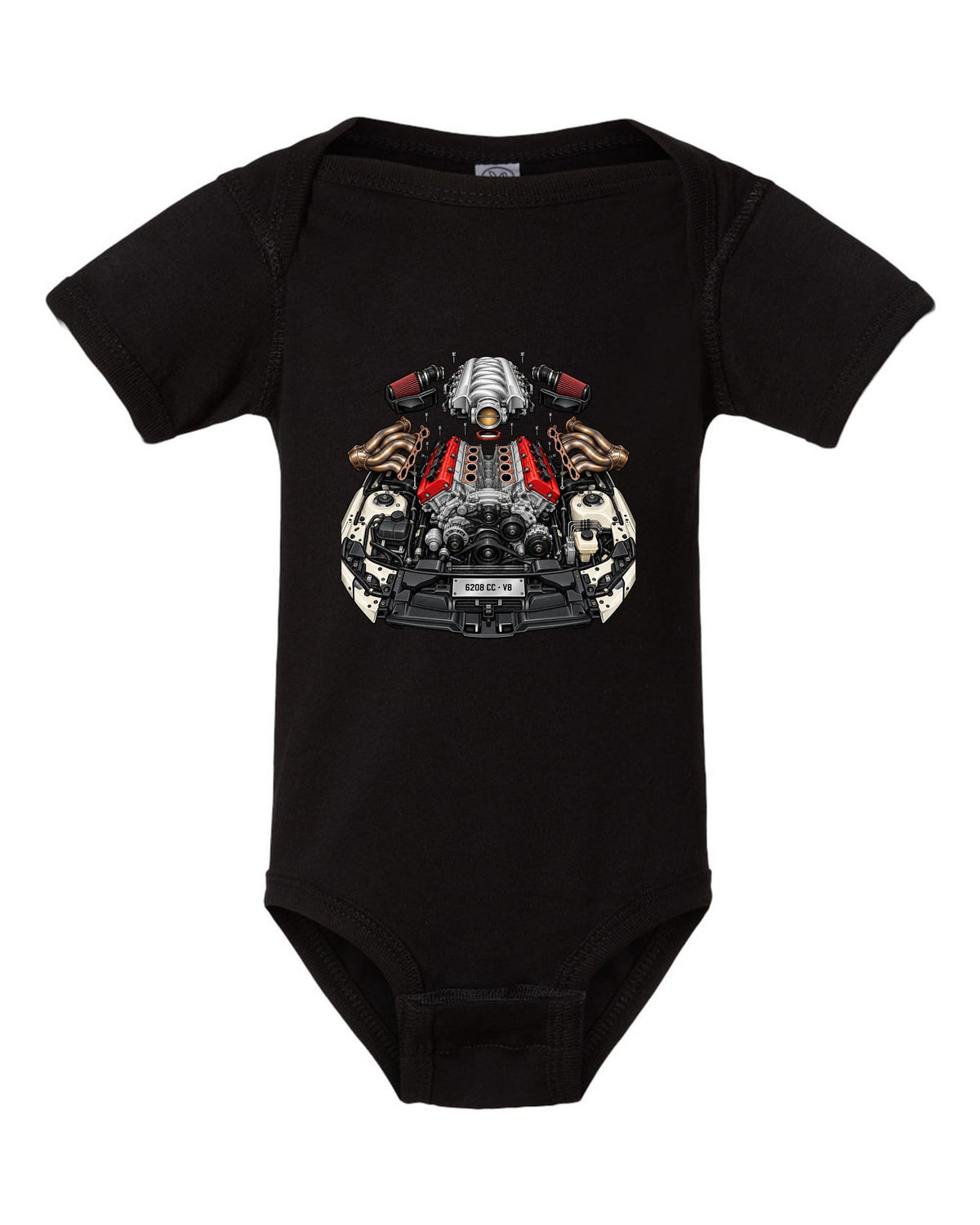 Exploded cutaway illustration of a Mercedes AMG M156 6.2 V8 engine black baby onesie front view with the design