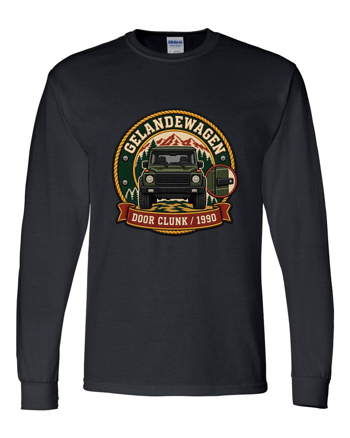 Embroidery-style shield crest graphic reading Door Clunk 1990 for a Mercedes G-Class W463, print black long sleeve front view with the design