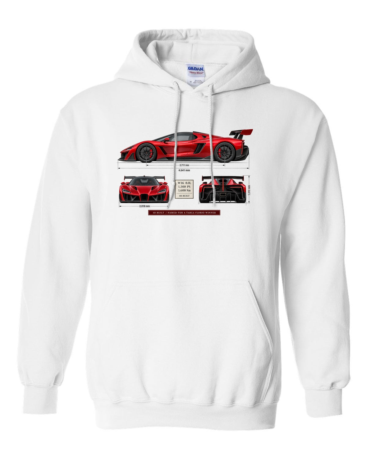 Bugatti Divo three-view print with spec table, 40 built white pull over hoodie front view with the design