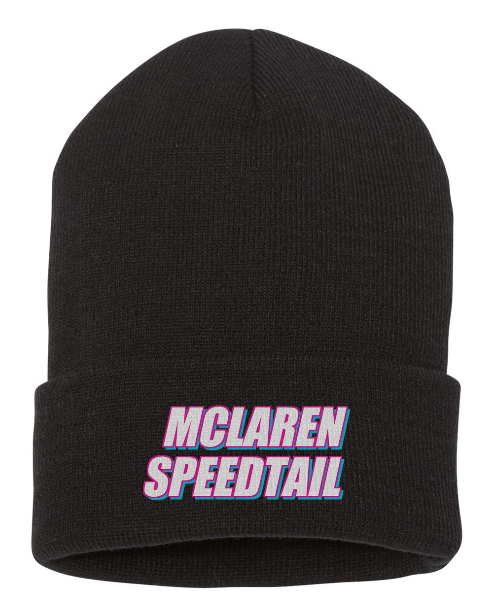 Mclaren Speedtail black beanie front view with car name