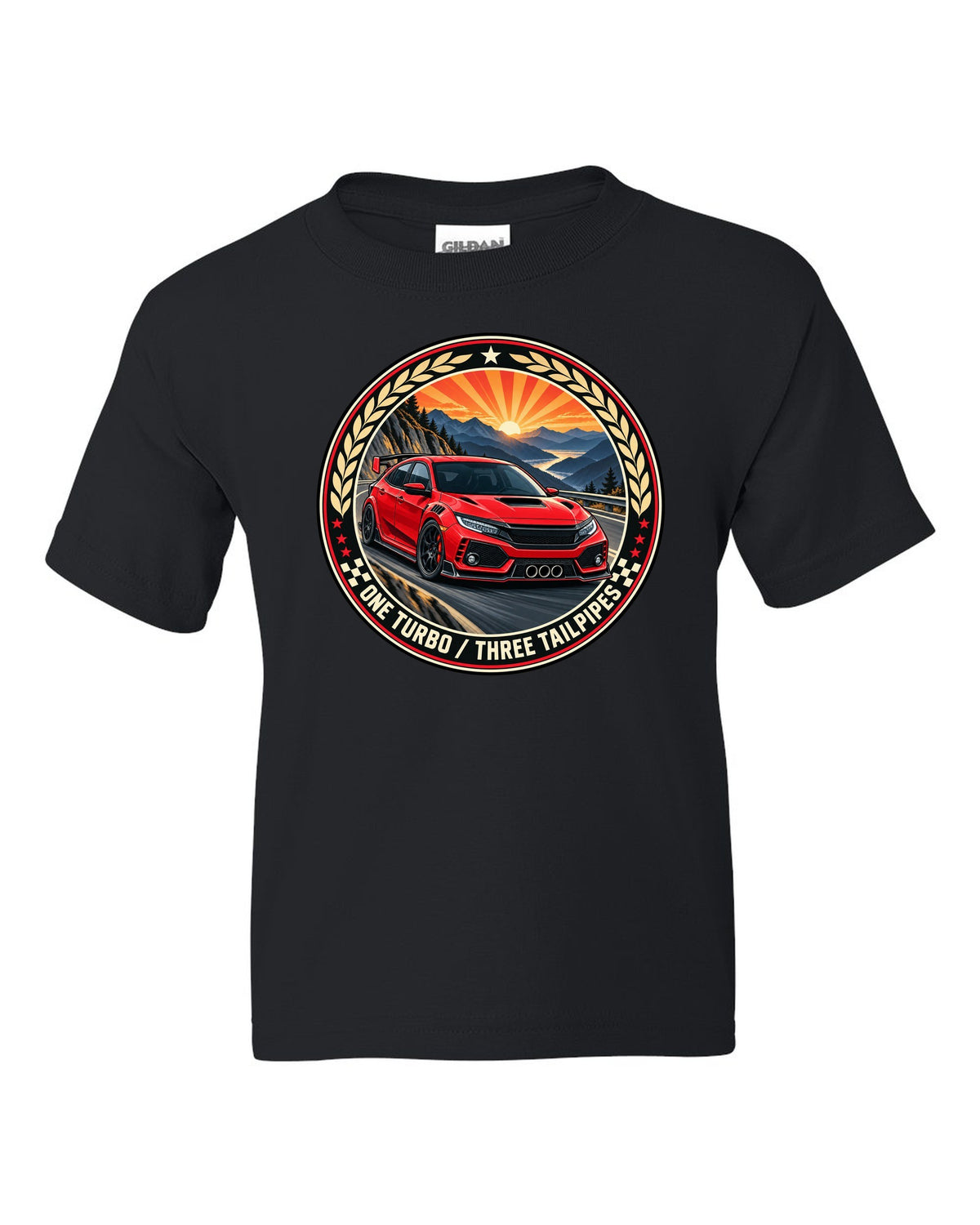 Original crest layout print for the Honda Civic Type R FK8 with one turbo three tailpipes text black kids tee front view with the design