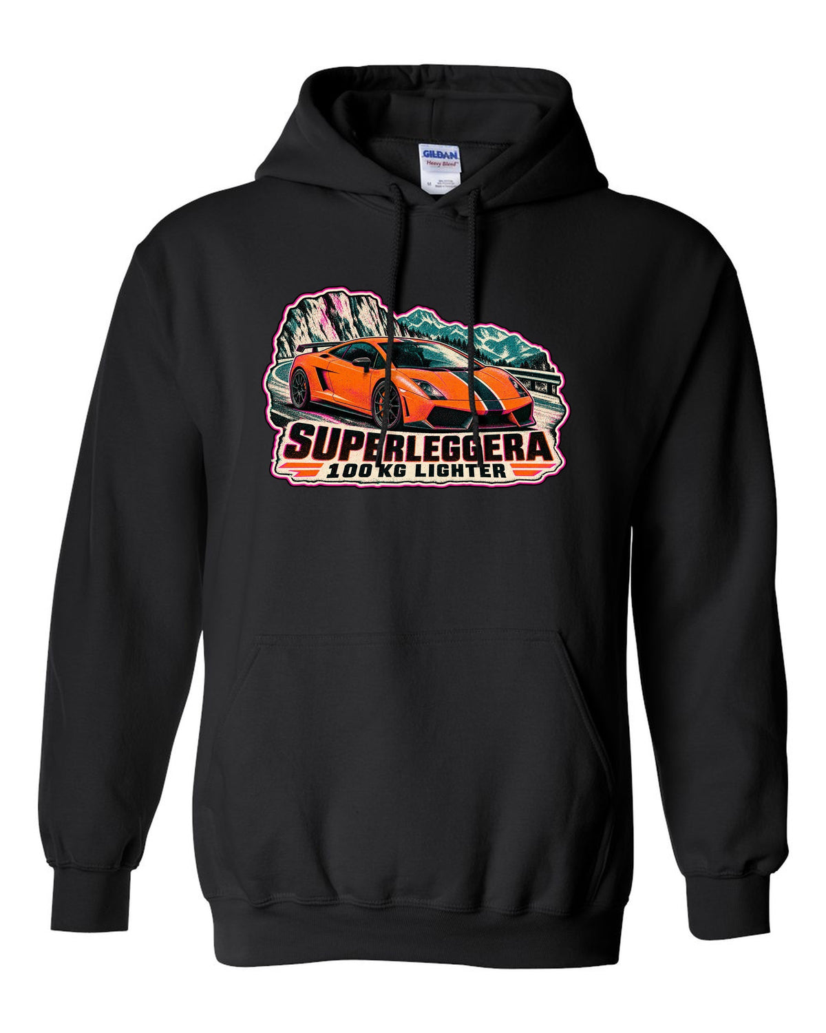Risograph-style Lamborghini Gallardo Superleggera design with 100 KG lighter lettering black pull over hoodie front view with the design