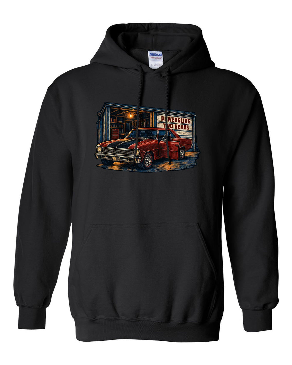 Linocut print of a 1967 Chevrolet Nova Chevy II parked in a garage with Powerglide lettering black pull over hoodie front view with the design