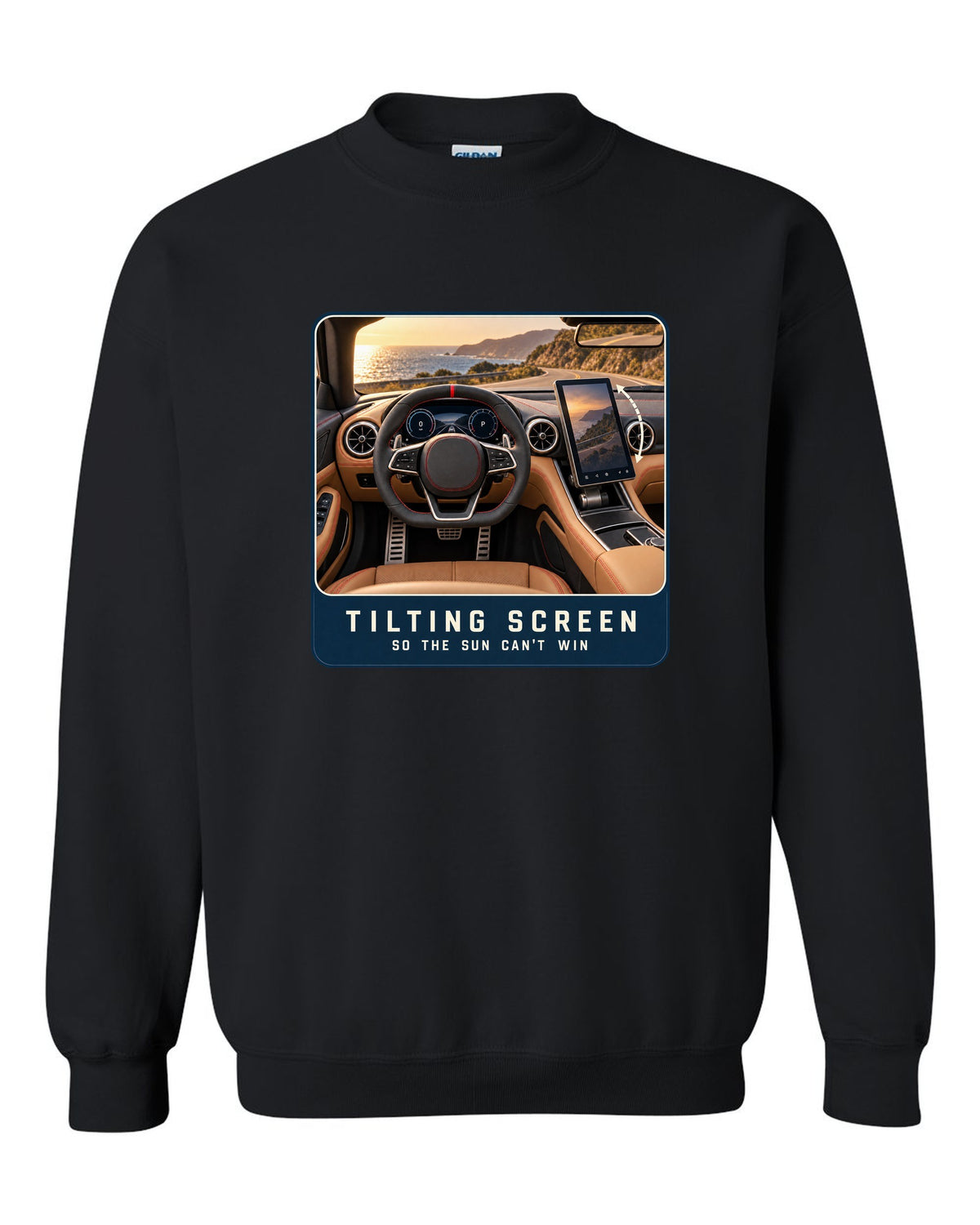 Mercedes-AMG SL63 R232 cockpit driver view with tilting central screen print black crewneck front view with the design