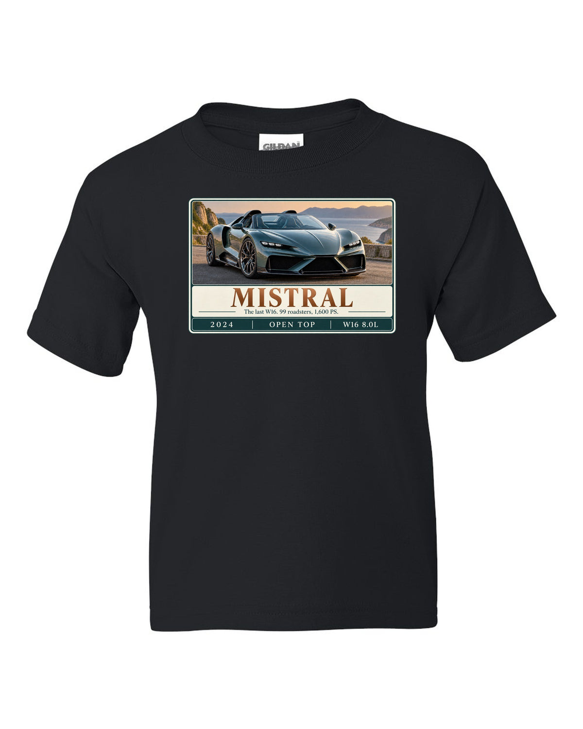 Bugatti Mistral roadster editorial headline print about the last W16 black kids tee front view with the design