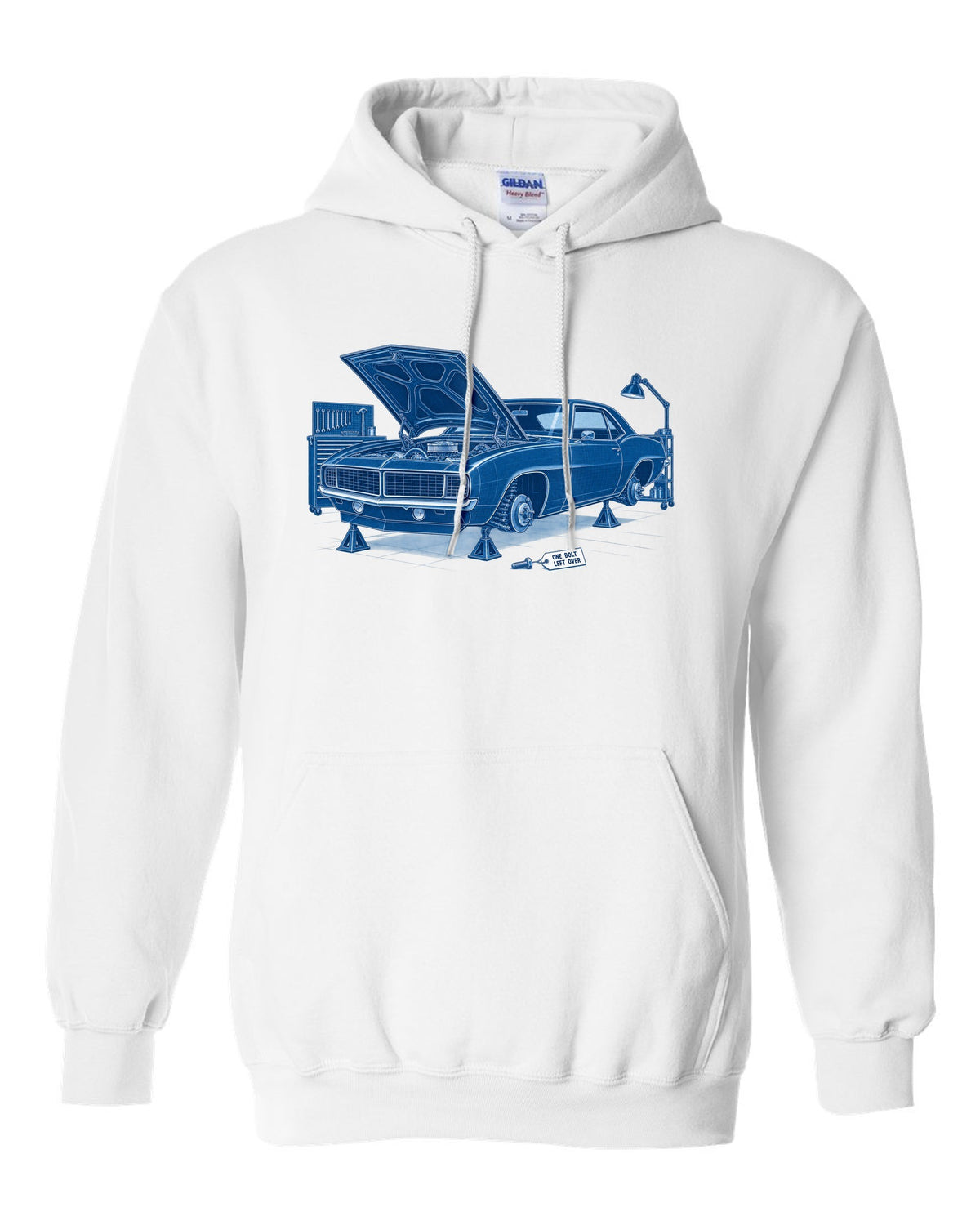 1969 Camaro first-generation in cyanotype negative blueprint style with the text One Bolt Left Over white pull over hoodie front view with the design