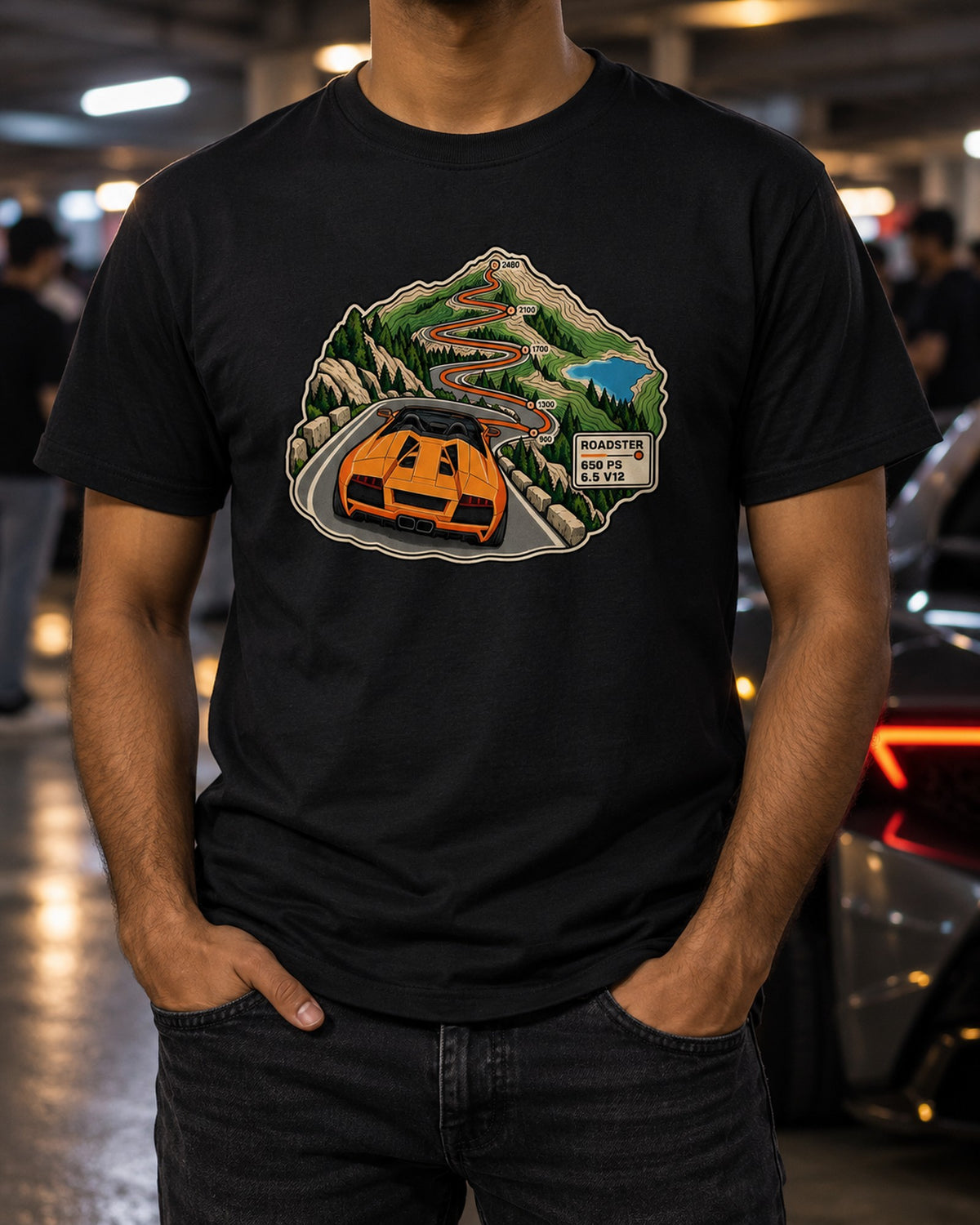 Murcielago LP650-4 Roadster Route Map Shirt, Lamborghini T-Shirt Black worn hero