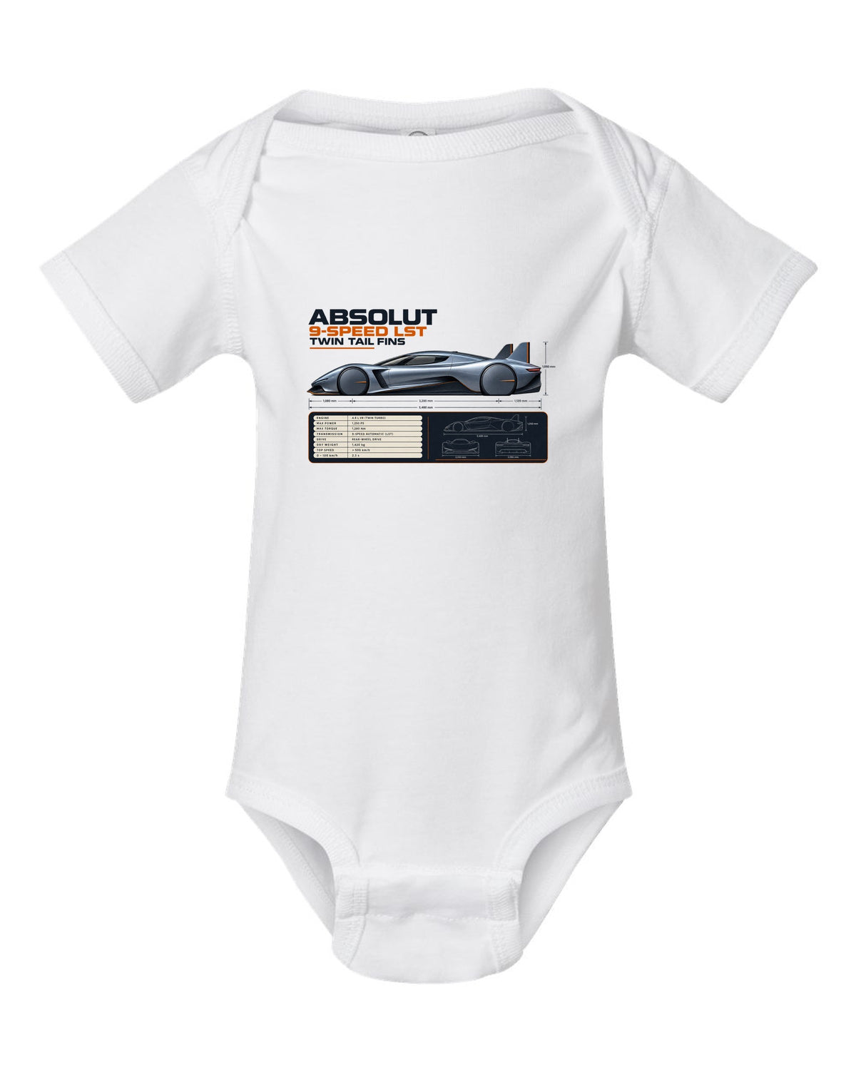 Koenigsegg Jesko Absolut Side Profile Spec Poster white baby onesie front view with the design