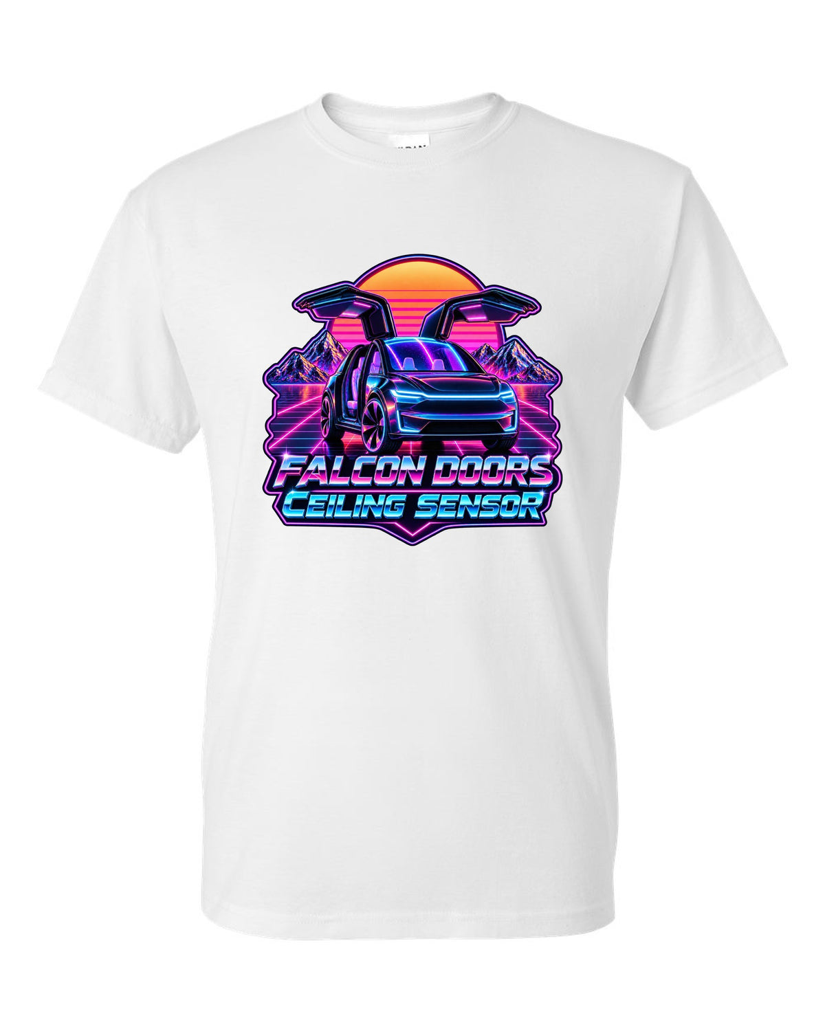 Synthwave outrun print of a Tesla Model X with falcon doors reading Falcon Doors Ceiling Sensor white t-shirt front view with the design