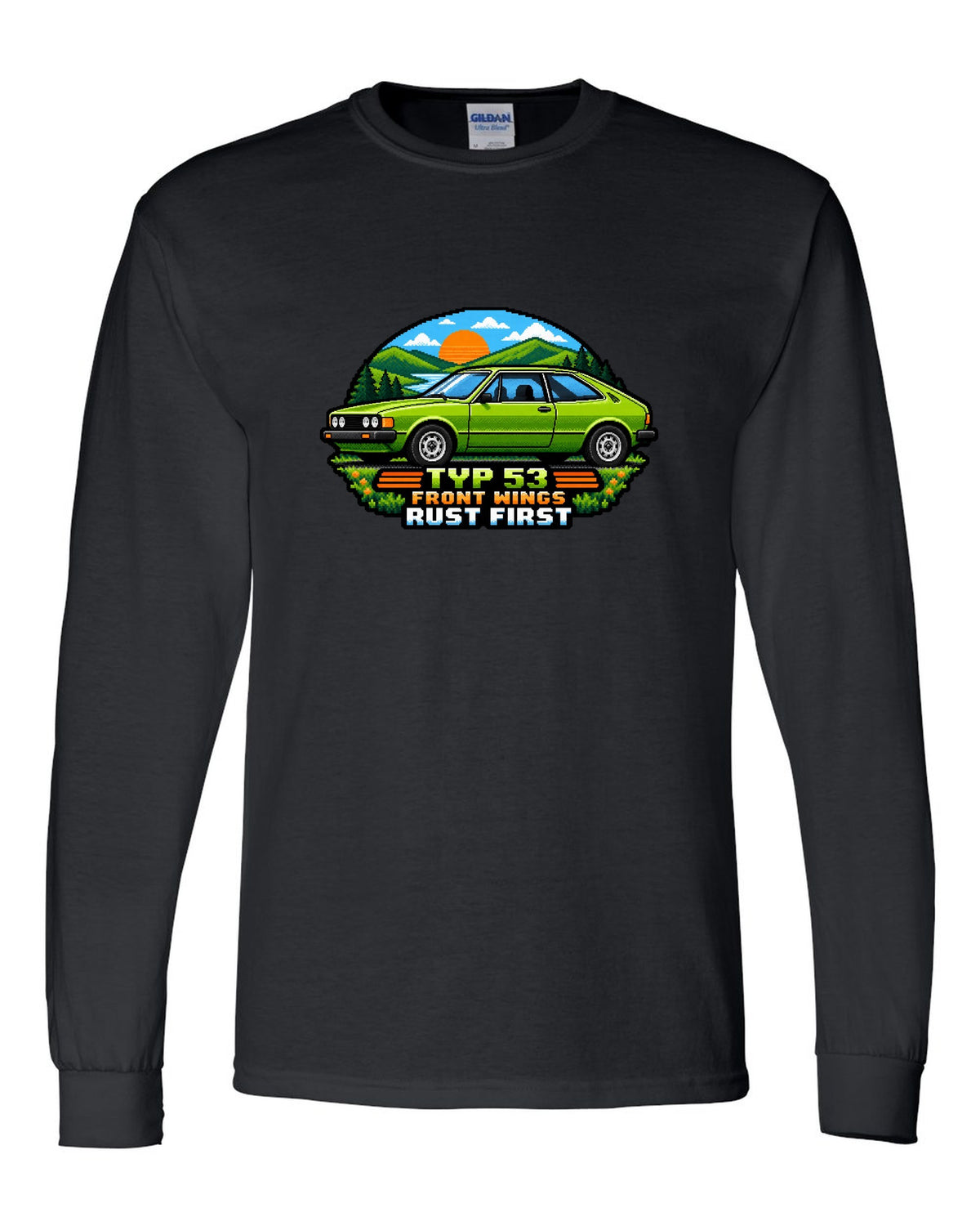 8/16-bit pixel art of a VW Scirocco Mk1 Typ 53 with front wings rust first text black long sleeve front view with the design