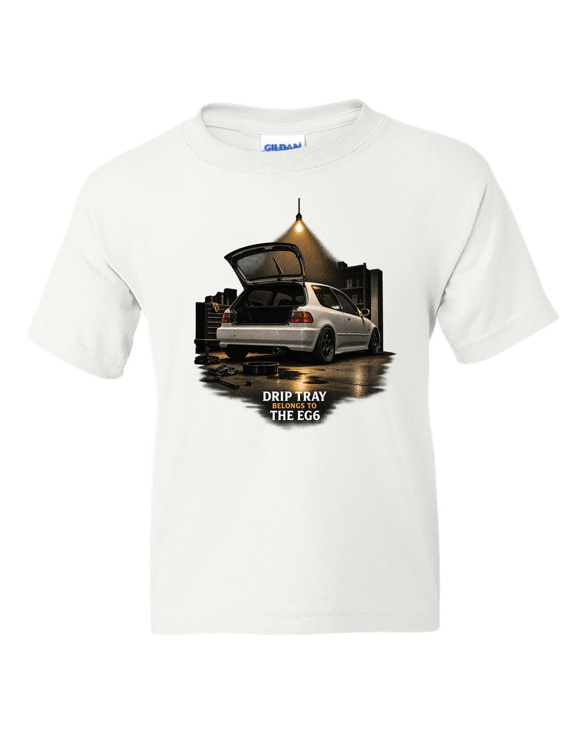 Garage night print of a 1993 Honda Civic EG6 SiR chback with drip tray text white kids tee front view with the design