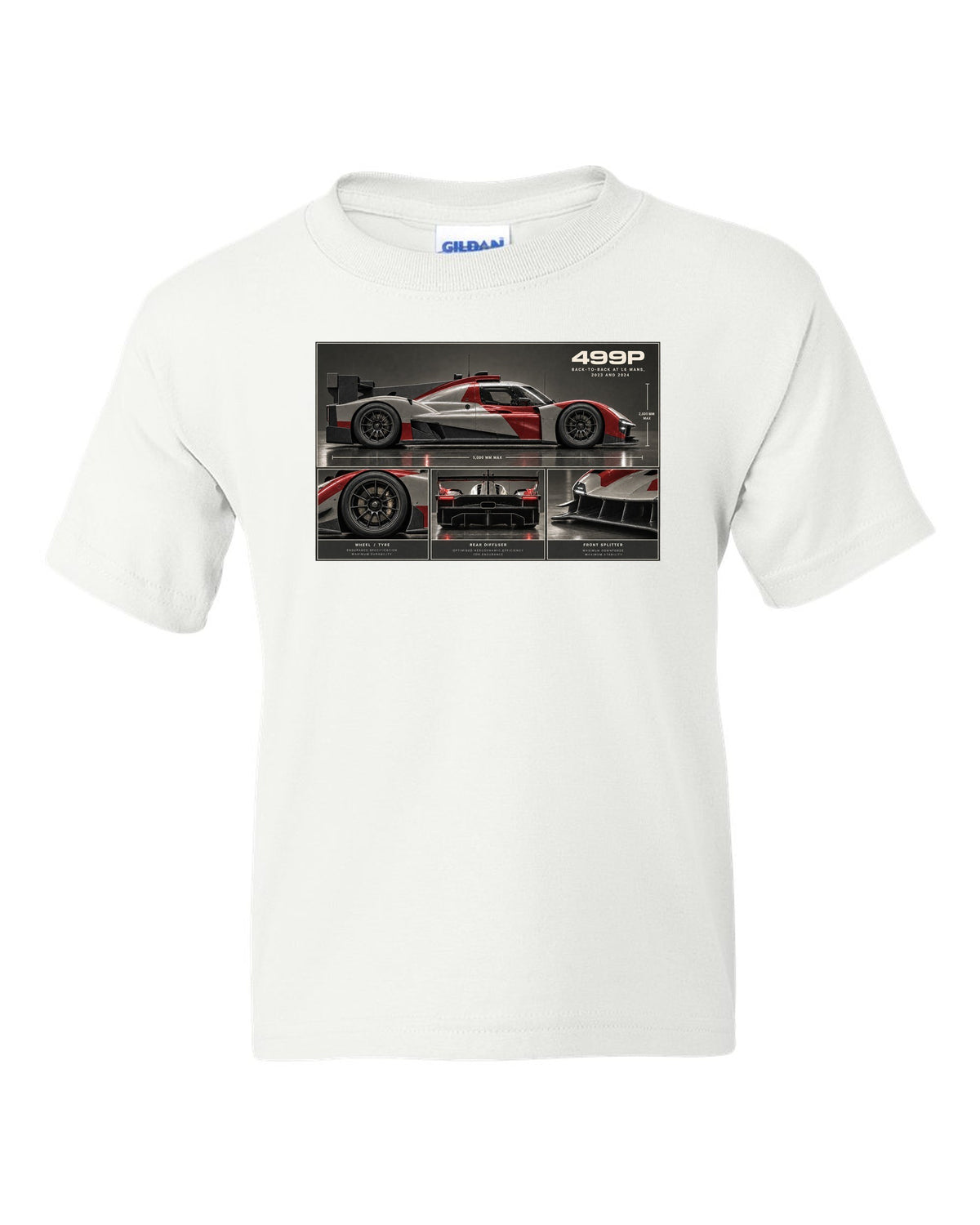 Ferrari 499P dossier panel print noting back-to-back at Le Mans 2023 and 2024 white kids tee front view with the design
