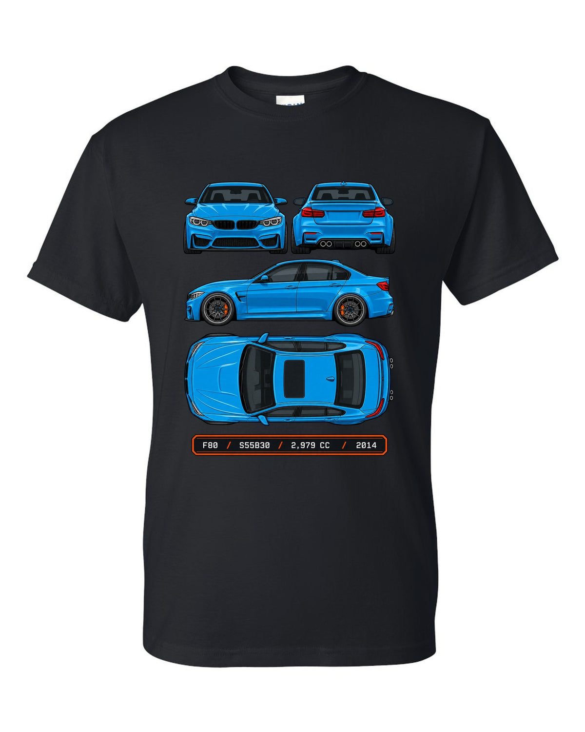 Spec plate style print of a BMW F80 M3 sedan with F80 S55B30 2,979 cc 2014 text black t-shirt front view with the design