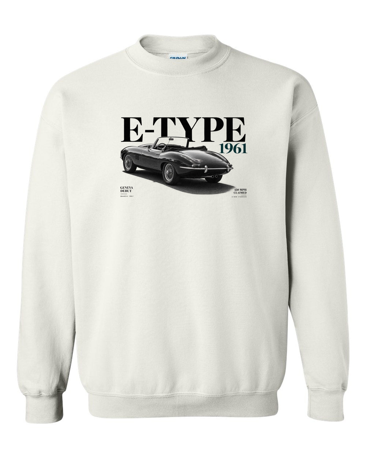 Jaguar E-Type roadster 1961 Geneva debut editorial poster white crewneck front view with the design
