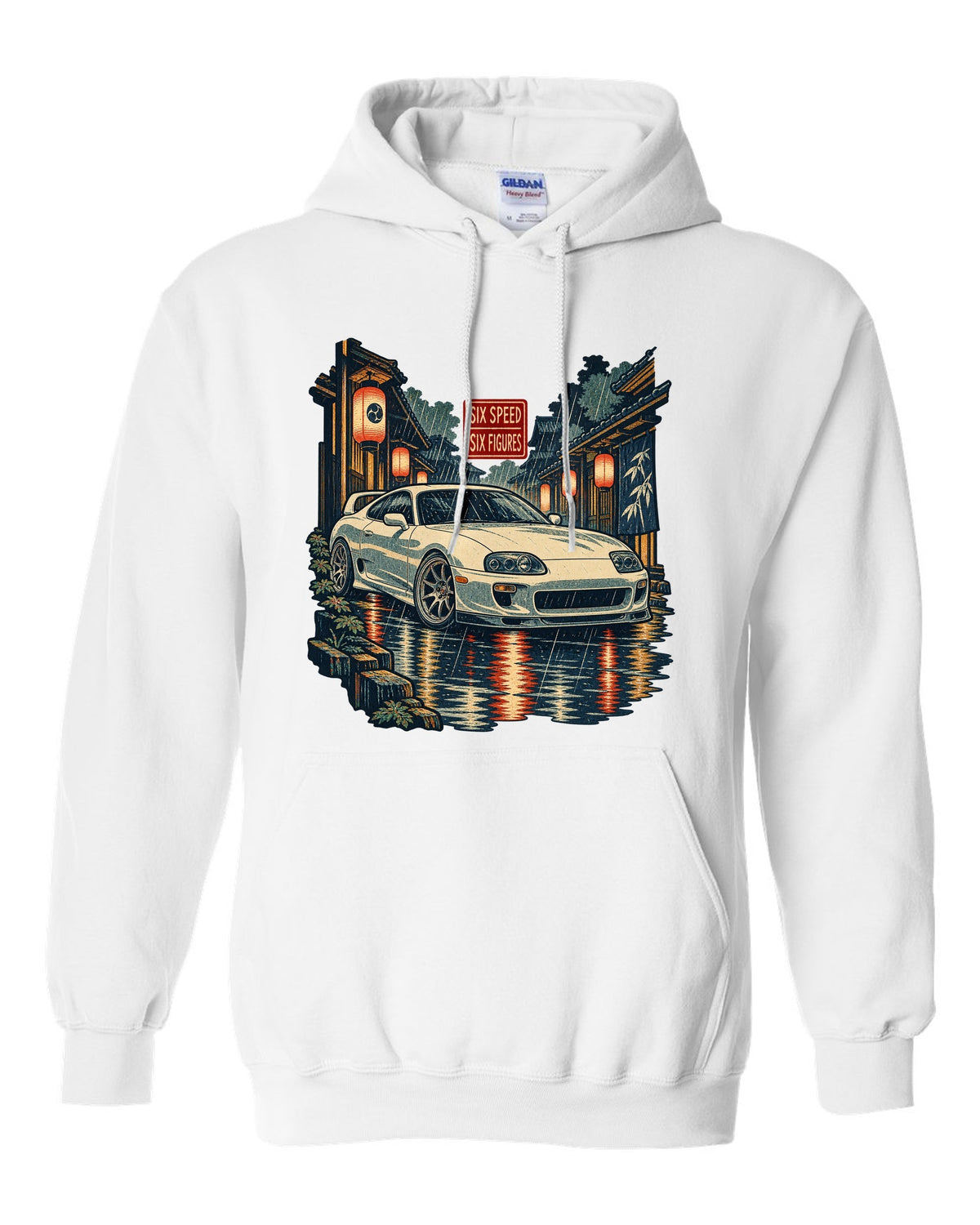 Ukiyo-e woodblock scene of a Toyota Supra A80 JZA80 in lantern rain with six speed six figures text white pull over hoodie front view with the design